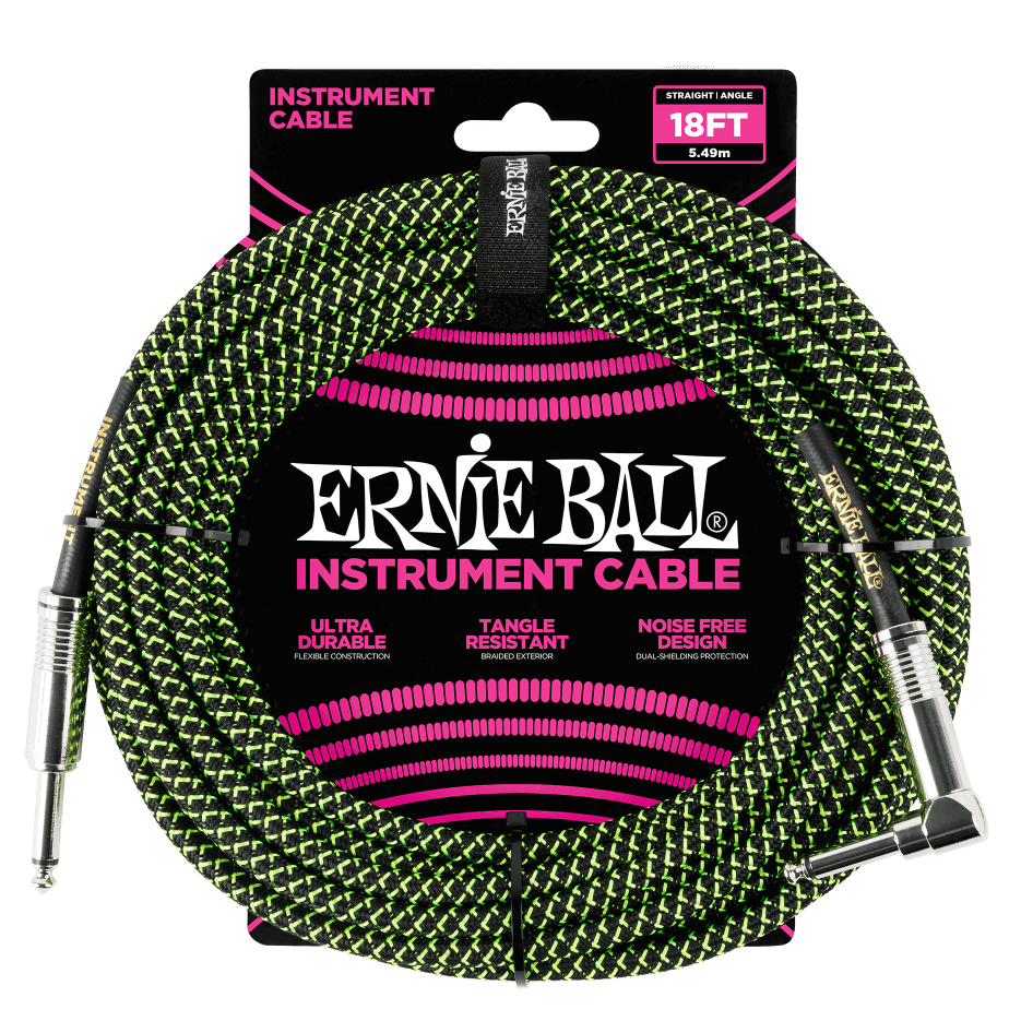 ERNIE BALL 18' BRAIDED STRAIGHT / ANGLE INSTRUMENT CABLE - BLACK / GREEN